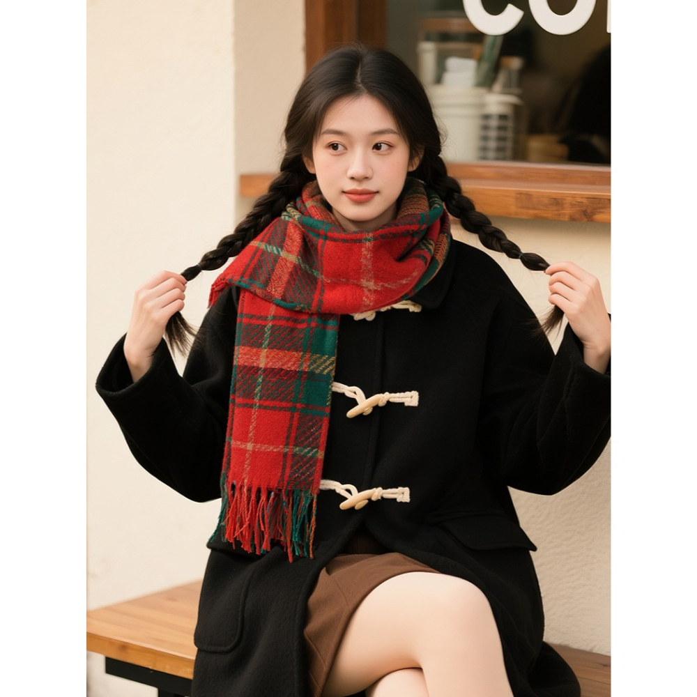 秋冬圍巾披肩兩用 流蘇圍巾 流蘇款披肩 保暖圍脖 韓版圍巾 百搭圍巾 針織格子圍巾 聖誕風圍巾 格子圍巾 冬天保暖 保暖-細節圖2