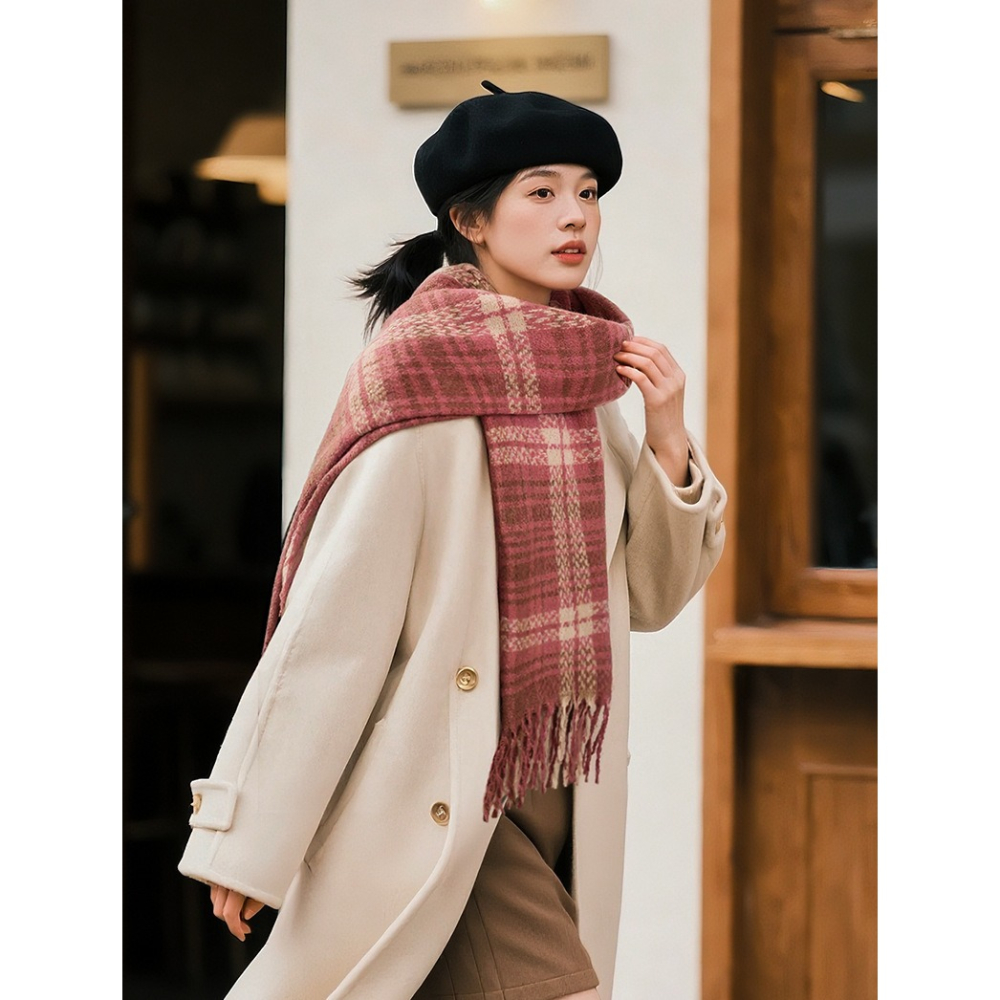 秋冬圍巾披肩兩用 流蘇圍巾 流蘇款披肩 保暖圍脖 韓版圍巾 百搭圍巾 針織格子圍巾 聖誕風圍巾 格子圍巾 冬天保暖 保暖-細節圖8