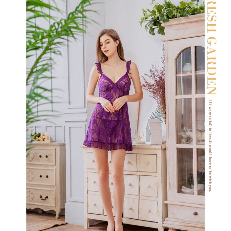 【大尺碼】緹花薄紗荷葉肩帶挖背排釦二件式情趣性感睡衣Q017-細節圖2