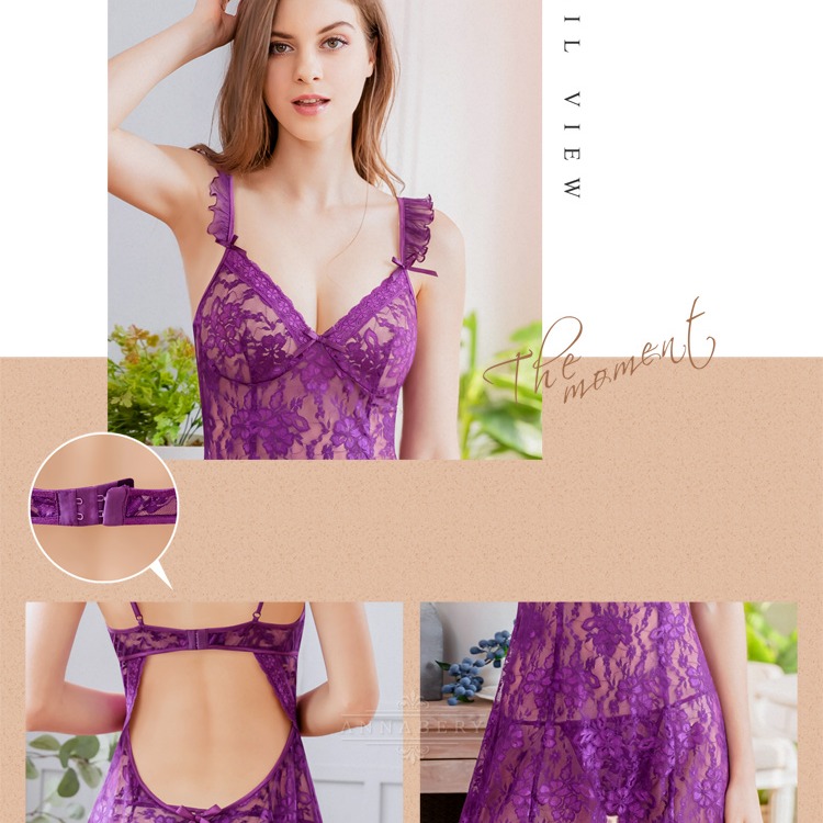 【大尺碼】緹花薄紗荷葉肩帶挖背排釦二件式情趣性感睡衣Q017-細節圖7