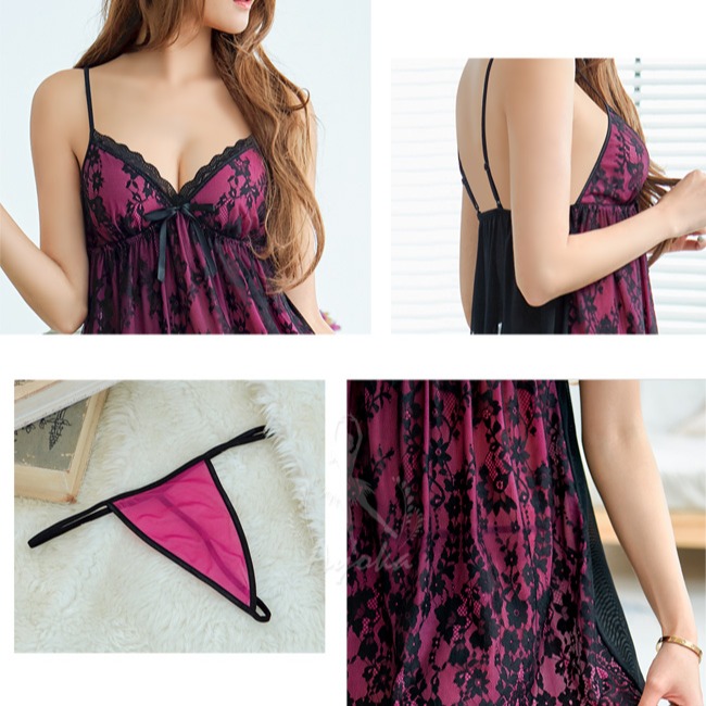星光密碼 紫紅撞色柔紗二件式情趣性感睡衣M008-細節圖7