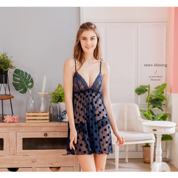 【大尺碼】復古藍點點透視蕾絲薄紗綁帶二件式情趣性感睡衣Q003-細節圖4