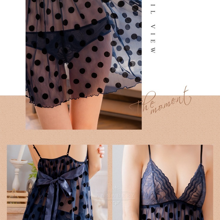 【大尺碼】復古藍點點透視蕾絲薄紗綁帶二件式情趣性感睡衣Q003-細節圖8