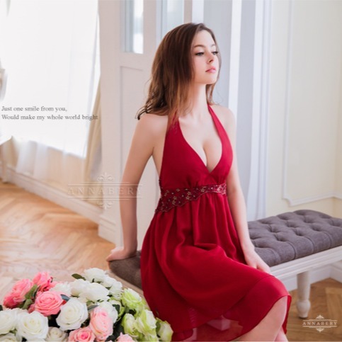 【大尺碼】暗紅深V雙層禮服式情趣性感睡衣V033-細節圖4