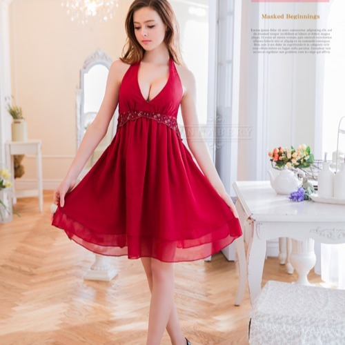 【大尺碼】暗紅深V雙層禮服式情趣性感睡衣V033-細節圖5