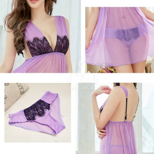 星光密碼 浪漫紫黑透視柔紗二件式情趣性感睡衣M029-細節圖9