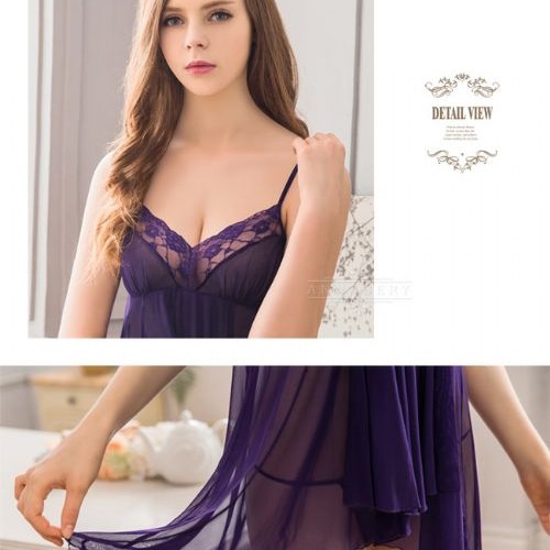 【大尺碼】深紫柔紗短版不規則二件式情趣性感睡衣V056-細節圖7