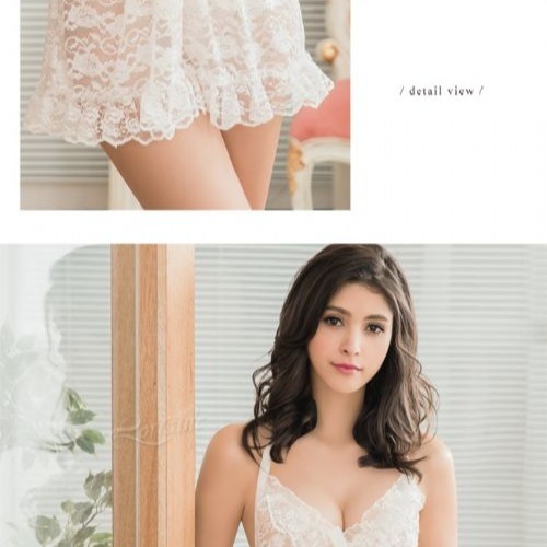 【大尺碼】白緹花柔紗綁脖二件式情趣性感睡衣B027-細節圖8