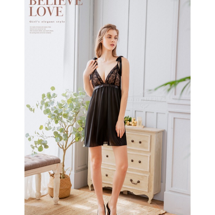 【大尺碼】蕾絲柔緞蝴蝶結肩帶顯瘦情趣性感睡衣Q018-細節圖3