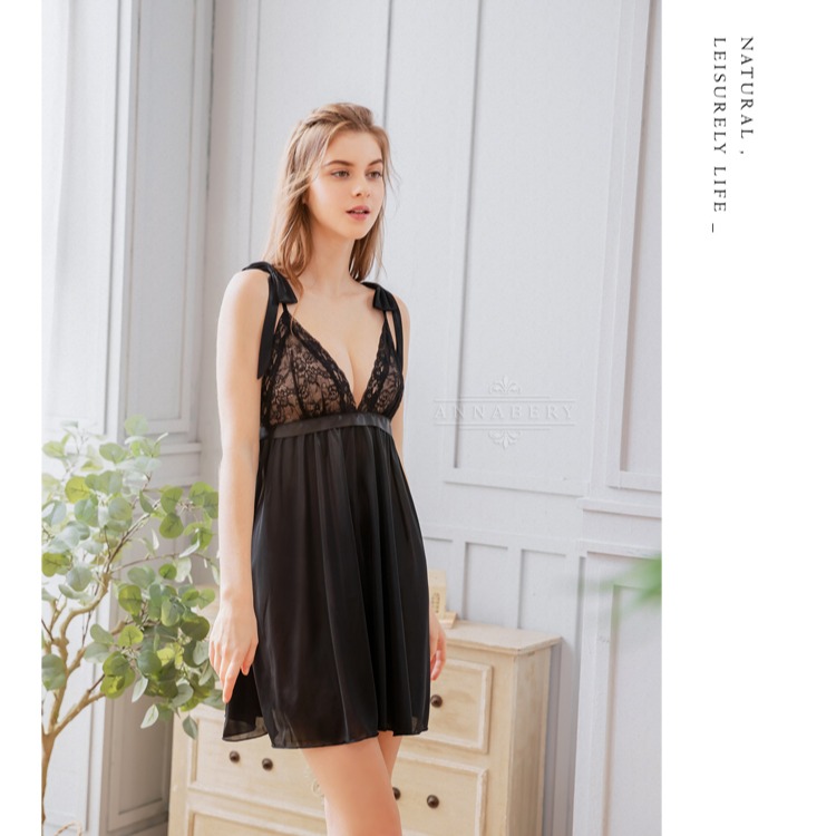 【大尺碼】蕾絲柔緞蝴蝶結肩帶顯瘦情趣性感睡衣Q018-細節圖4