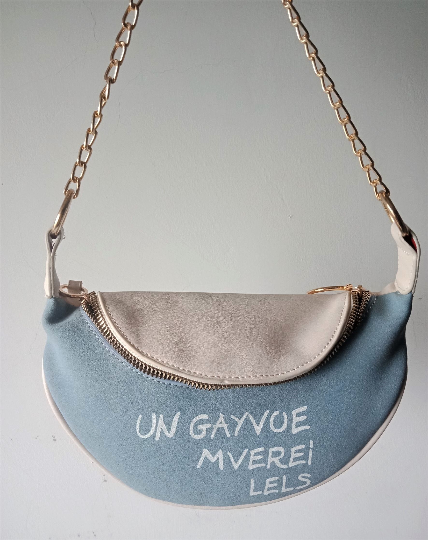 全新 水藍似麂皮面斜 鍊條手提包斜背包  （附波西米亞風背帶）-細節圖2