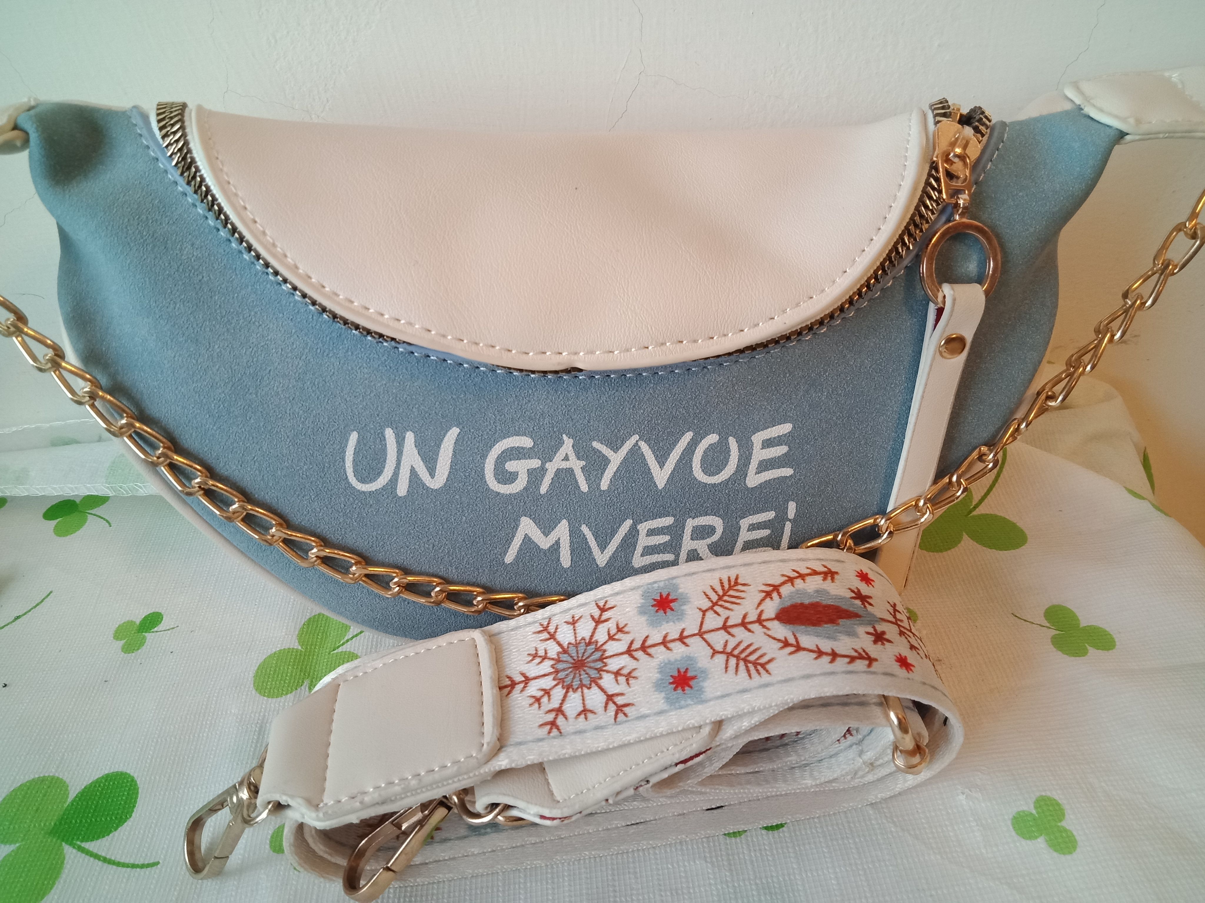 全新 水藍似麂皮面斜 鍊條手提包斜背包  （附波西米亞風背帶）-細節圖4