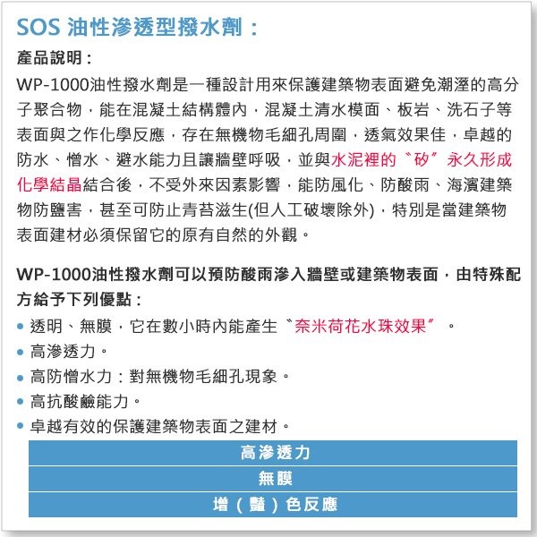 【工具屋】*含稅* SOS 油性 潑水劑 WP-1000 立裝 戶外專用 預防雨水滲入牆壁 滲透型撥水劑 台灣製-細節圖4