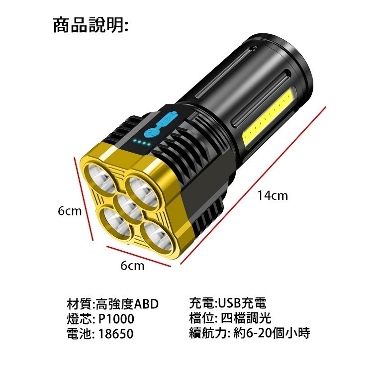 【五核爆亮🔥】手電筒 LED手電筒 充電手電筒 手電筒強光 手電筒超亮 18650 手電筒【CP146】-細節圖3