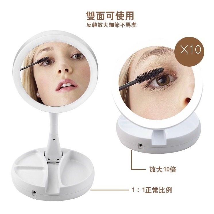 美妝 360度自由轉動 雙面折疊LED燈化妝鏡 雙面鏡子 補光放大一次搞定 立鏡 梳妝鏡 桌鏡【RS853】-細節圖3