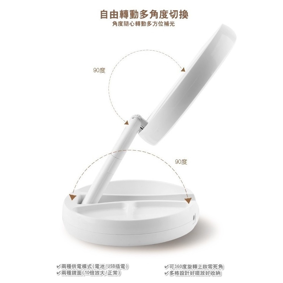 美妝 360度自由轉動 雙面折疊LED燈化妝鏡 雙面鏡子 補光放大一次搞定 立鏡 梳妝鏡 桌鏡【RS853】-細節圖4