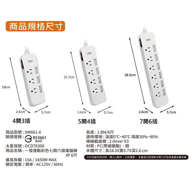 【台灣製造 太星獨立開關延長線3P 】延長線 電腦延長線 安全延長線 多孔延長線 電源線 插座 獨立開關 3孔 6尺-細節圖9