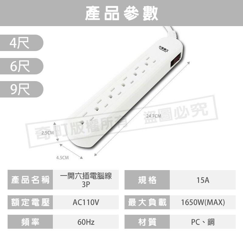 【台灣製造 太星一開六插延長線3P 】延長線 電腦延長線 安全延長線 多孔延長線 電源線 插座  6尺 9尺-細節圖9