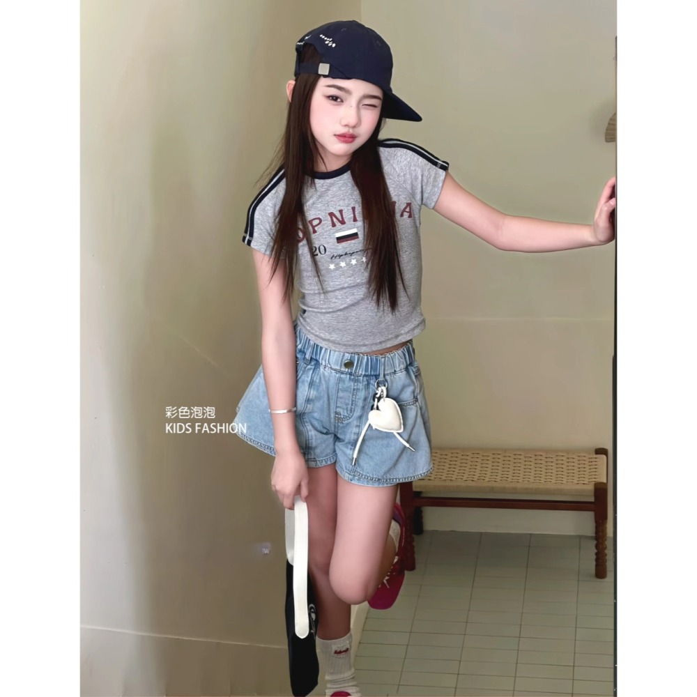 彩色泡泡 童裝【貨號H20755】中大童牛仔褲 女童牛仔裙褲 假兩件短褲 百搭牛仔裙褲 女童牛仔短褲-細節圖2