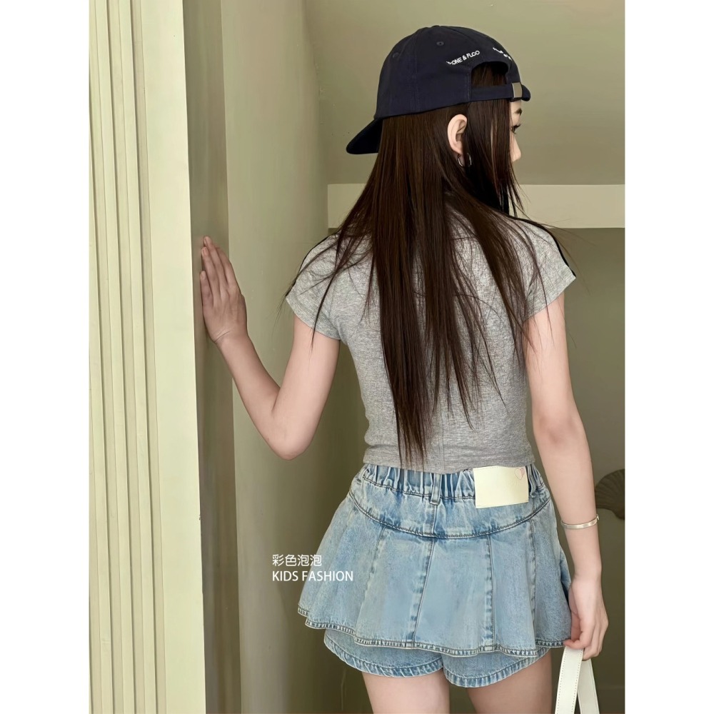 彩色泡泡 童裝【貨號H20755】中大童牛仔褲 女童牛仔裙褲 假兩件短褲 百搭牛仔裙褲 女童牛仔短褲-細節圖5