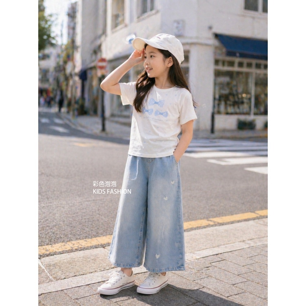 彩色泡泡【貨號F31782】中大童甜美藍色蝴蝶結棉T-細節圖3