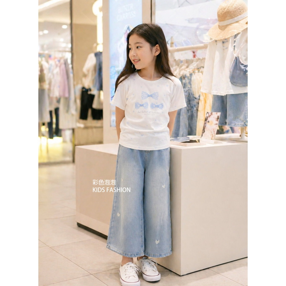 彩色泡泡 童裝【貨號H20757】愛心刺繡中大童牛仔褲牛仔寬褲-細節圖8
