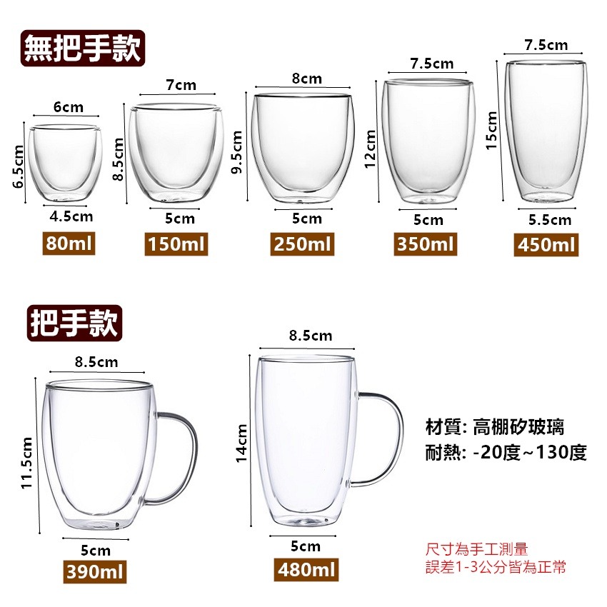 雙層玻璃杯 玻璃杯 馬克杯 咖啡杯 透明玻璃杯 茶杯 隔熱杯 耐熱玻璃杯 帶把玻璃杯 隔熱 防燙【RS1377】-細節圖3