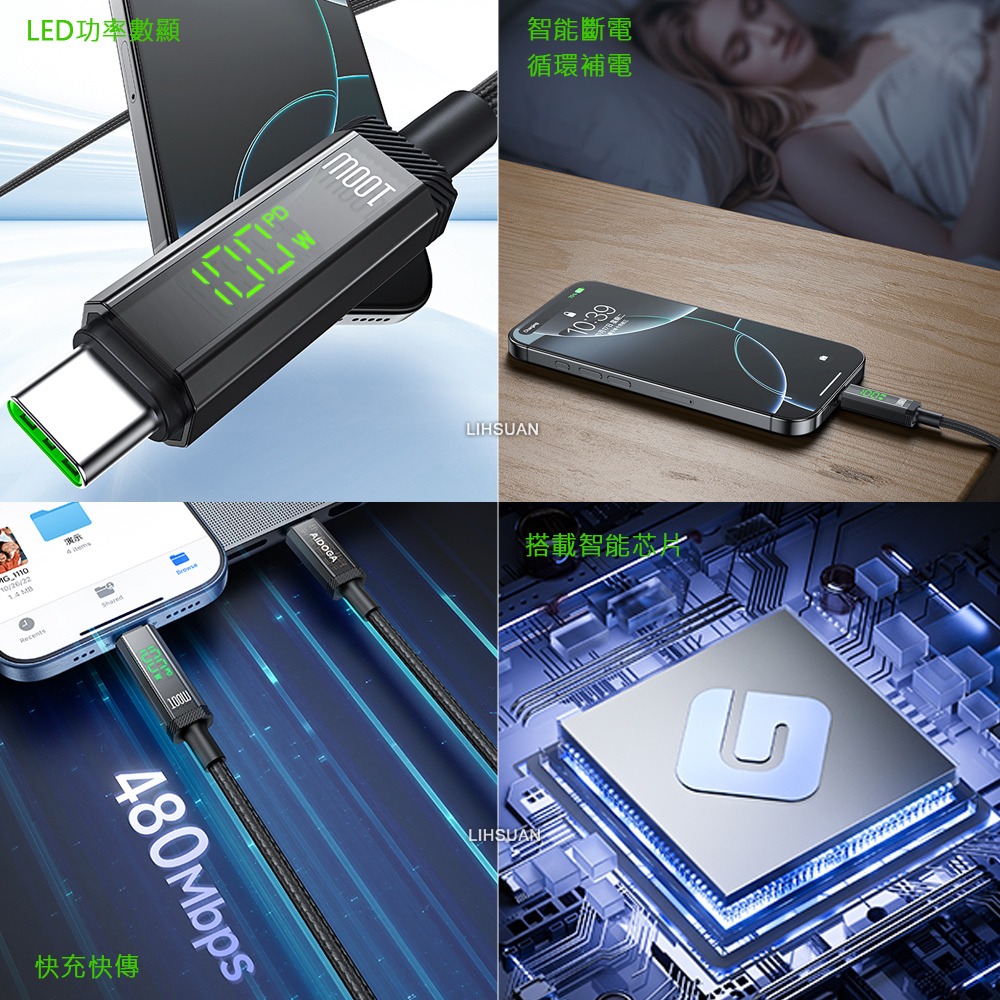 AIDOGA艾迪伽LQ DC4173鎧甲系列三合一 雙Type-C PD智能斷電數顯補電充電傳輸線 100W 1.2M-細節圖3
