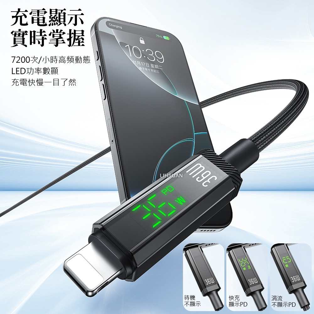 AIDOGA艾迪伽LQ DC4174鎧甲系列三合一 Type-C to Lightning PD智能斷電數顯充電傳輸線-細節圖4