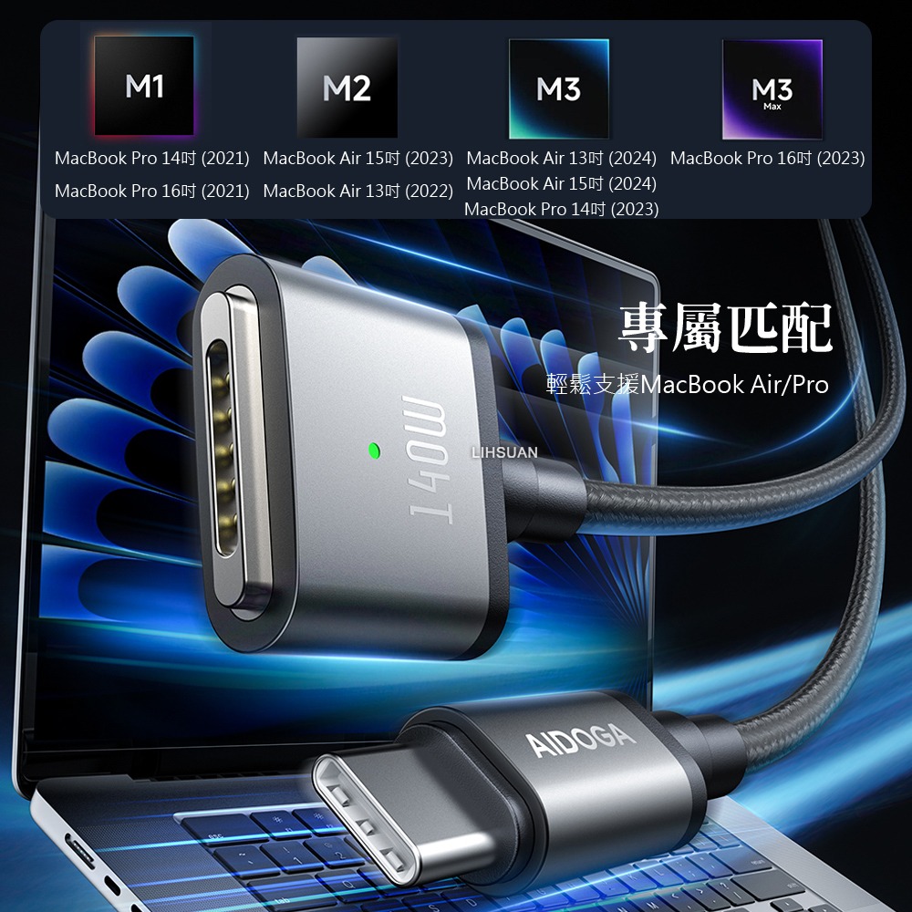 AIDOGA艾迪伽LQ DC4231風暴系列Type-C to MagSafe 3 PD3.1 磁吸充電快充線140W-細節圖5