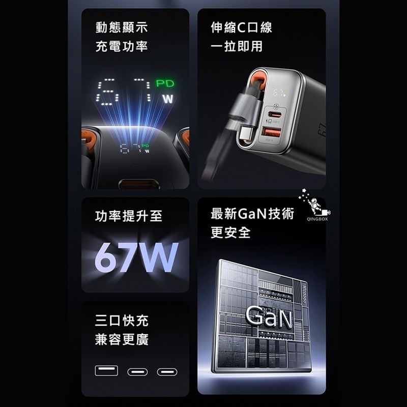 Mcdodo麥多多LQ CH411 FreeGo系列Type-C伸縮線GaN氮化鎵1A1C充電器67W-細節圖2
