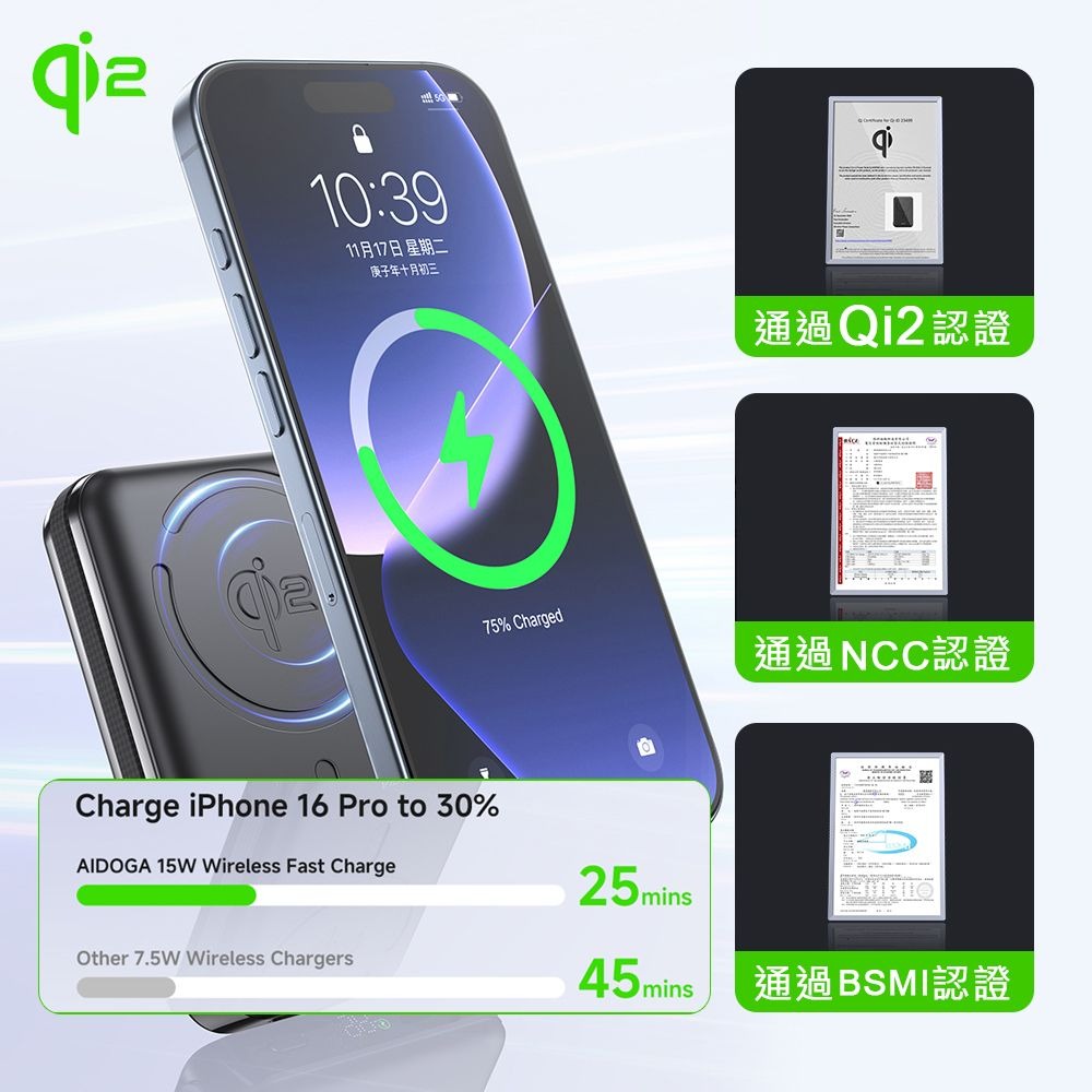 AIDOGA艾迪伽 LQ PB4241 Qi2磁吸手機支架無線充行動電源10000mAh 38.5Wh 35W-細節圖5