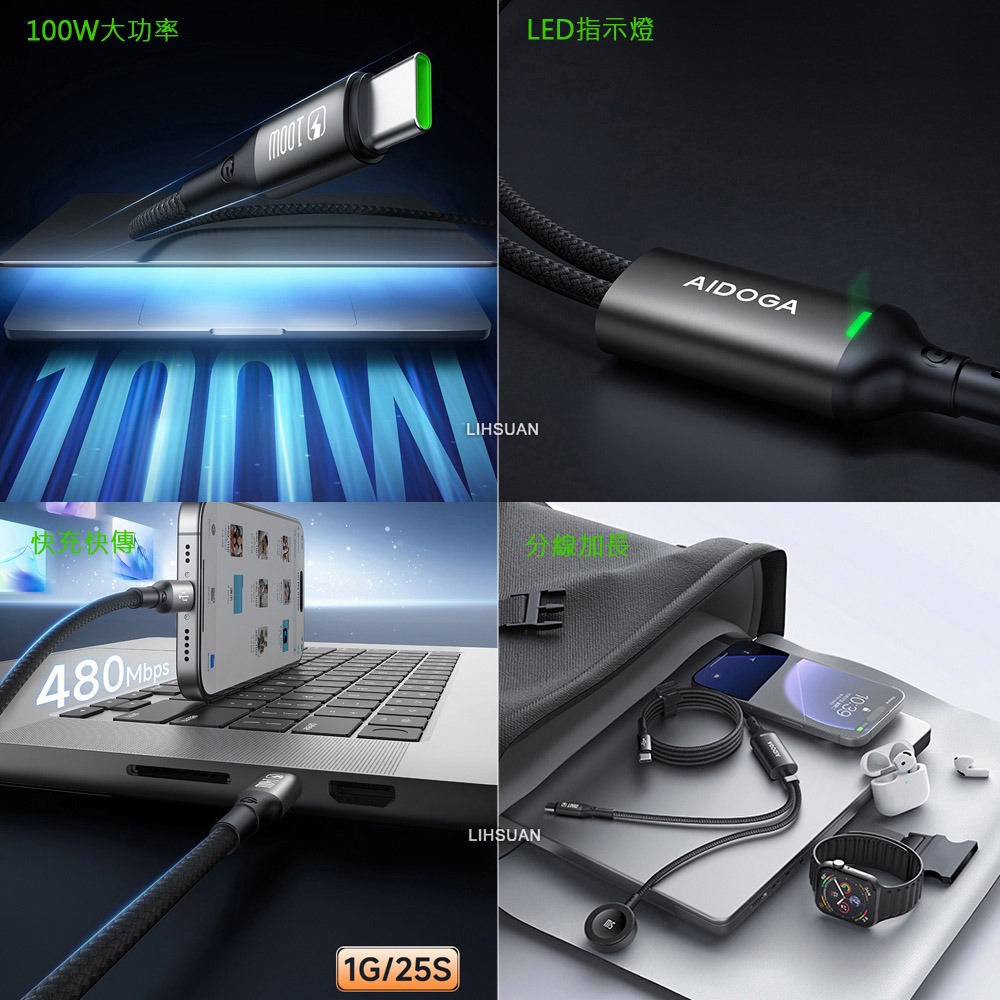 AIDOGA艾迪伽 LQ DC4191爵士系列PD一分二智能快充數據線C to C+Apple Watch全系列 線長1-細節圖3