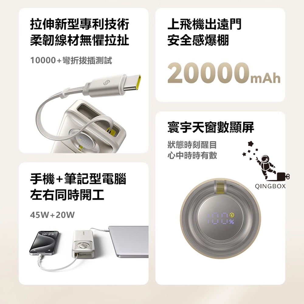 Baseus倍思 LQ Nomos 65W伸縮線數顯快充行動電源Type-C 20000mAh 74Wh-細節圖3