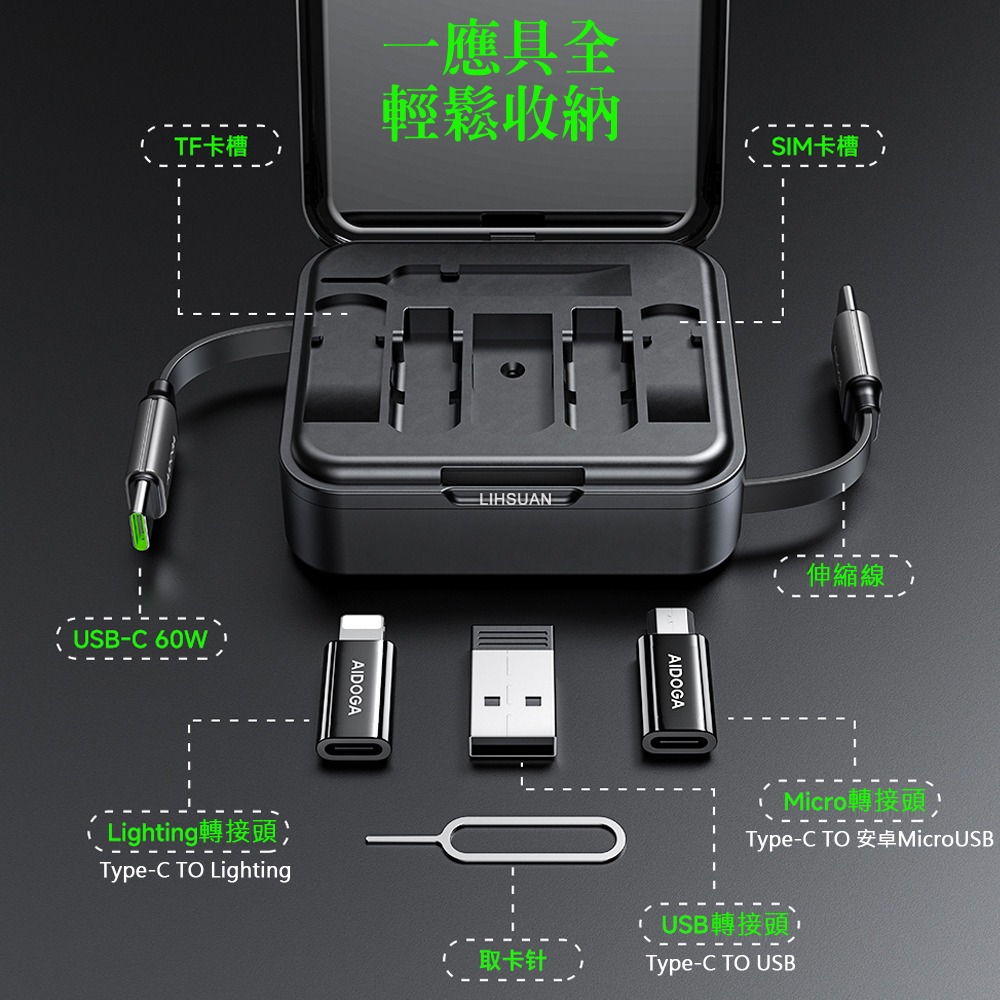 AIDOGA艾迪伽 LQ DC4251萬寶系列伸縮收納盒傳輸線PD快充款60W線長1m-細節圖3