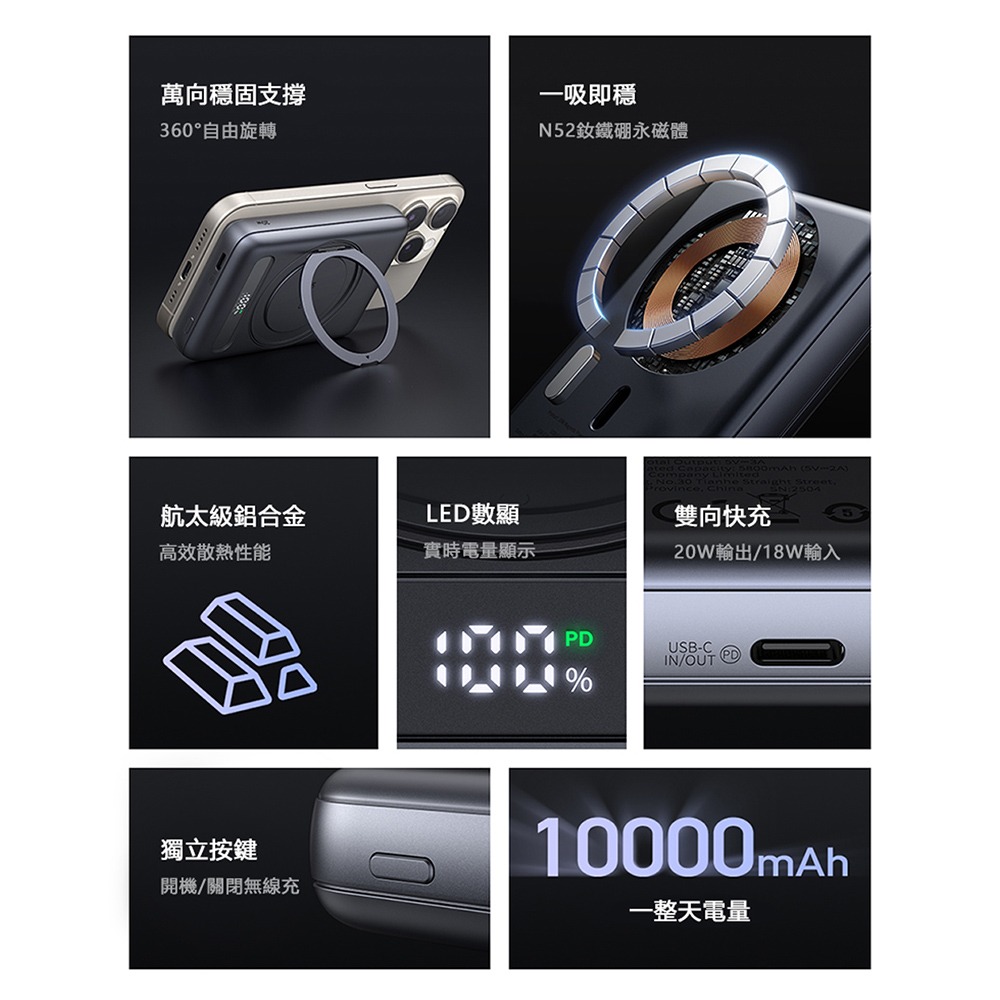 Mcdodo麥多多 LQ MC837 Meta系列20W旋轉支架數顯金屬磁吸行動電源10000mAh 37Wh-細節圖2