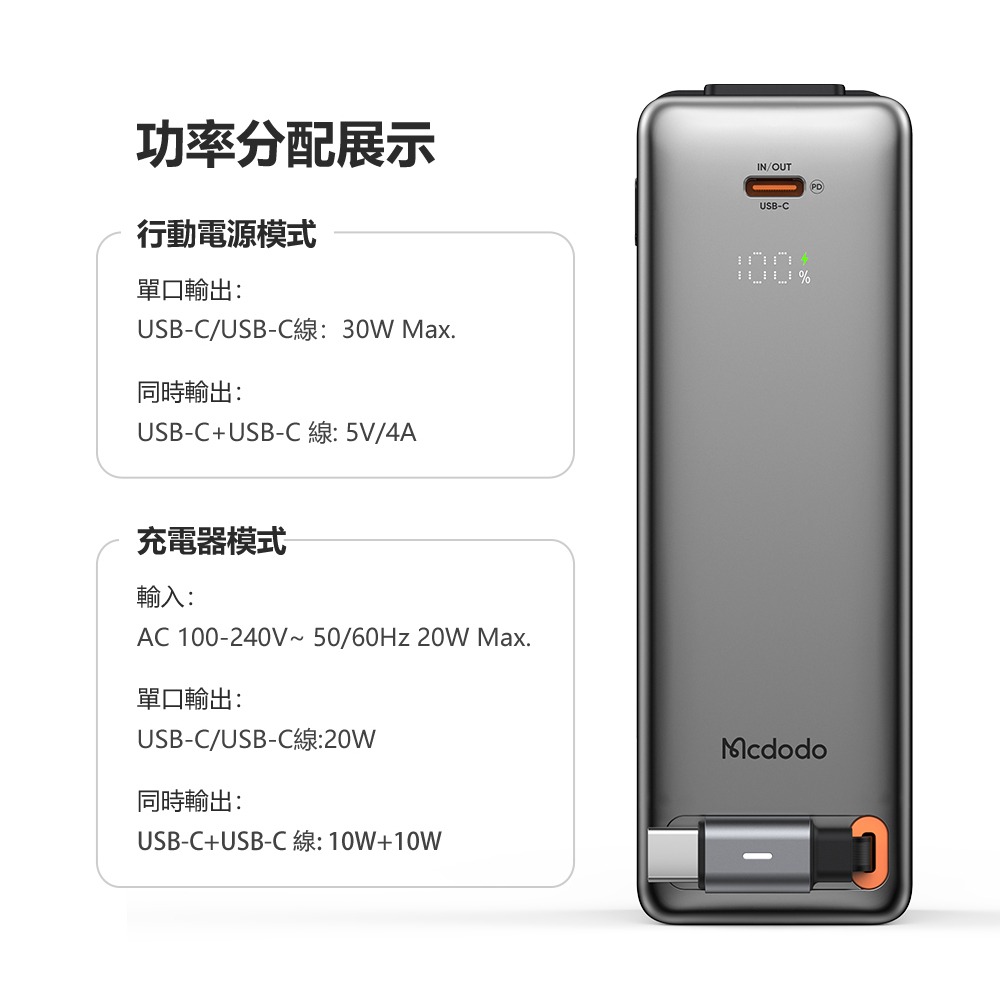Mcdodo麥多多 MC318 30W 3合1 USB-C伸縮線數顯行動電源 10000mAh 38.5Wh國際版-細節圖9