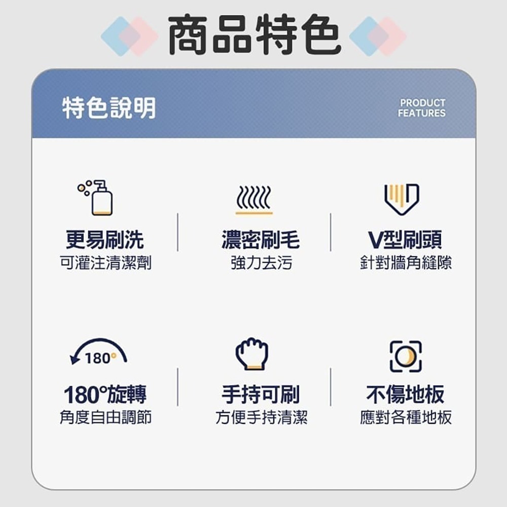 ecoco 旋轉地板刷 縫隙刷 地板刷 清潔刷 刷子 清潔 廁所刷 浴室刷 牆角刷 清潔刷具 地刷 地板清潔刷 V型刷-細節圖4