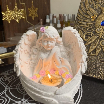 「薰詩奈」現貨 小女孩天使燭臺擺件 水晶座 天使雕像擺件蠟燭燭臺底座環保樹脂室內裝飾
