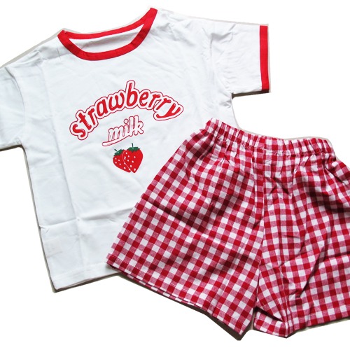 [齁齁BUY] 夏季新款 水果牛奶套裝 格紋褲 男女適合 上學必穿-細節圖5