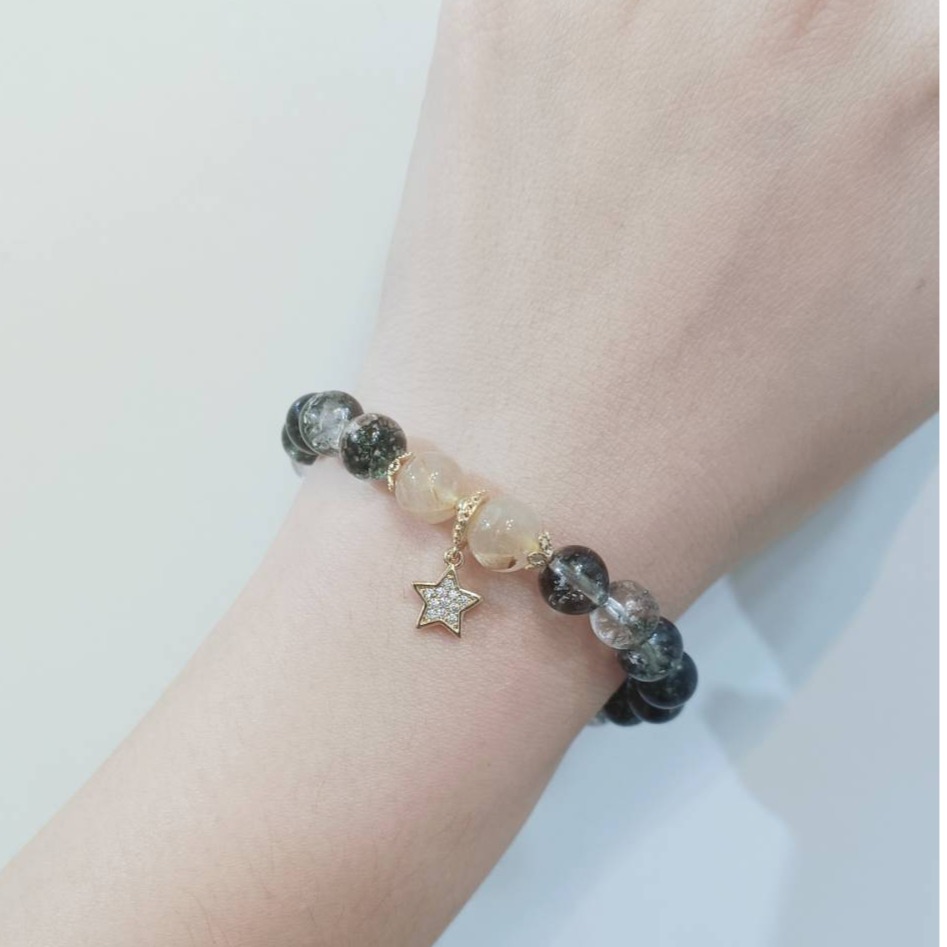 白爆花綠幽靈黃髮晶水晶手鍊-細節圖3