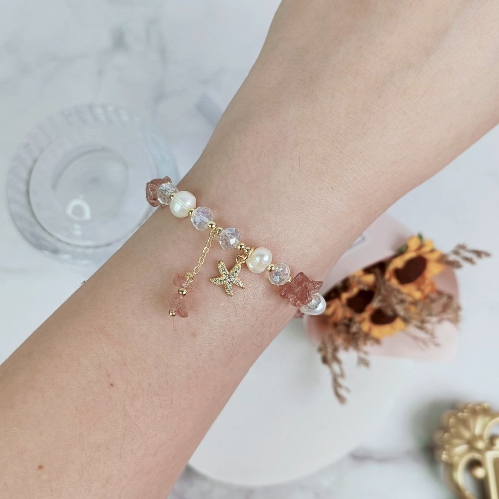<水晶手鍊> 仙女系海星水晶手鍊 草莓晶 摩根石 草莓晶手串女招桃花轉運水晶手鏈飾品女友禮-細節圖4
