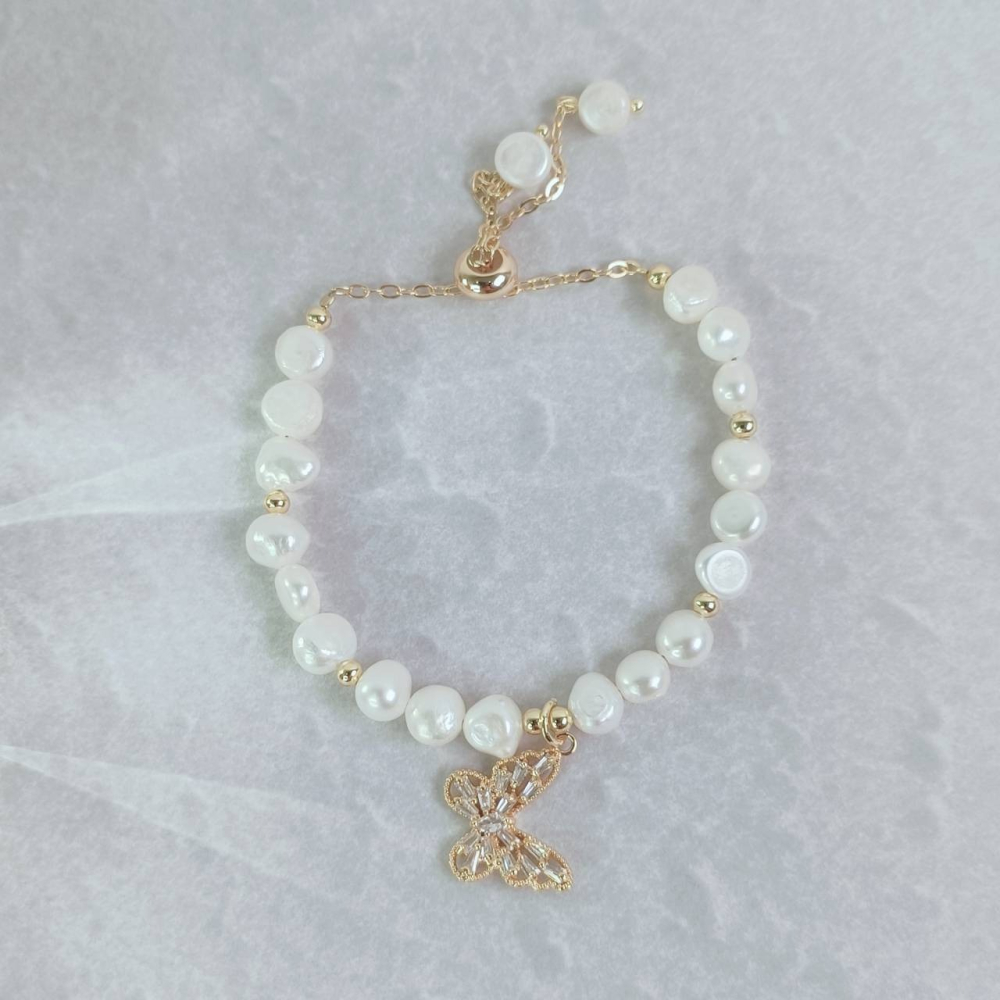 <好運手鍊> 台灣現貨 快速出貨 巴洛克珍珠手鍊 小熊 蝴蝶 珍珠 珍珠手鍊 可調式手鍊-細節圖2