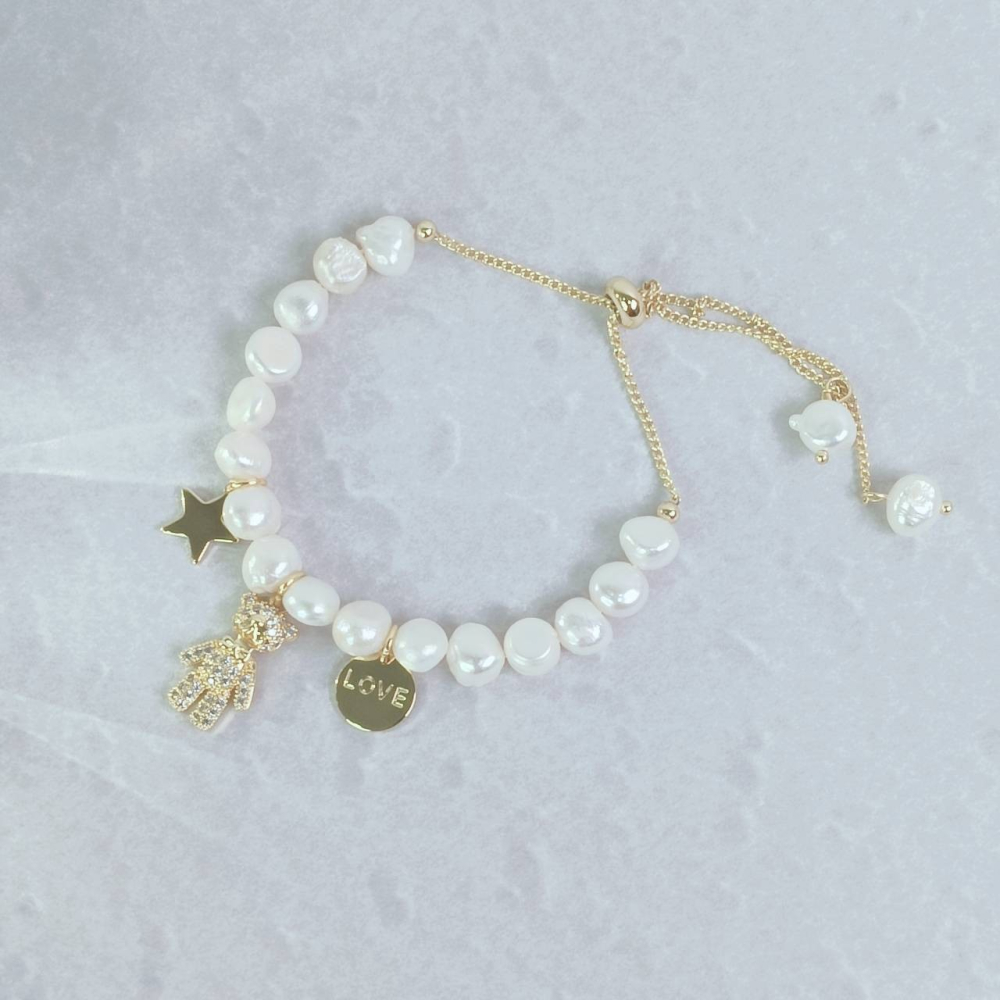 <好運手鍊> 台灣現貨 快速出貨 巴洛克珍珠手鍊 小熊 蝴蝶 珍珠 珍珠手鍊 可調式手鍊-細節圖3