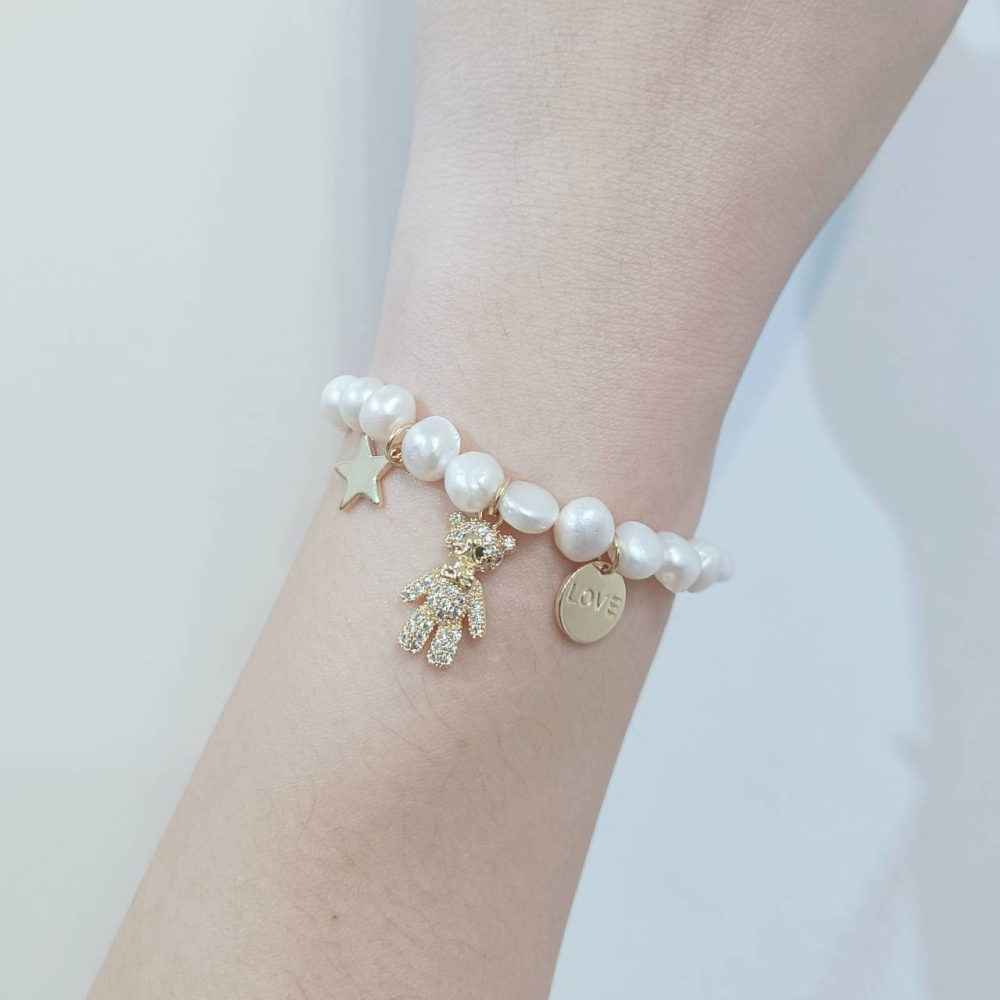 <好運手鍊> 台灣現貨 快速出貨 巴洛克珍珠手鍊 小熊 蝴蝶 珍珠 珍珠手鍊 可調式手鍊-細節圖5