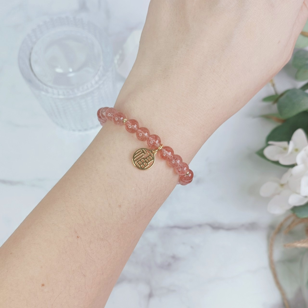 ✨現貨 快速出貨 草莓晶 925福牌 轉運招桃花手鍊 桃花 人緣 平安 福氣 好運 招人緣-細節圖5