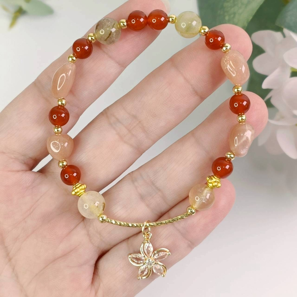 《星象流年・能量調頻手鍊》🔥 火象｜焰啟 尺寸:約14.5~15cm 牡羊座 獅子座 射手座 太陽石、紅瑪瑙、茶晶-細節圖2