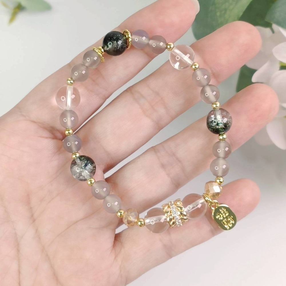 《星象流年・能量調頻手鍊》⛰️ 土象｜地綻 尺寸:約14~14.5cm 金牛座、處女座、摩羯座 綠幽靈、灰瑪瑙、白水晶-細節圖2