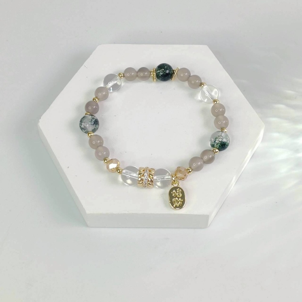 《星象流年・能量調頻手鍊》⛰️ 土象｜地綻 尺寸:約14~14.5cm 金牛座、處女座、摩羯座 綠幽靈、灰瑪瑙、白水晶-細節圖3
