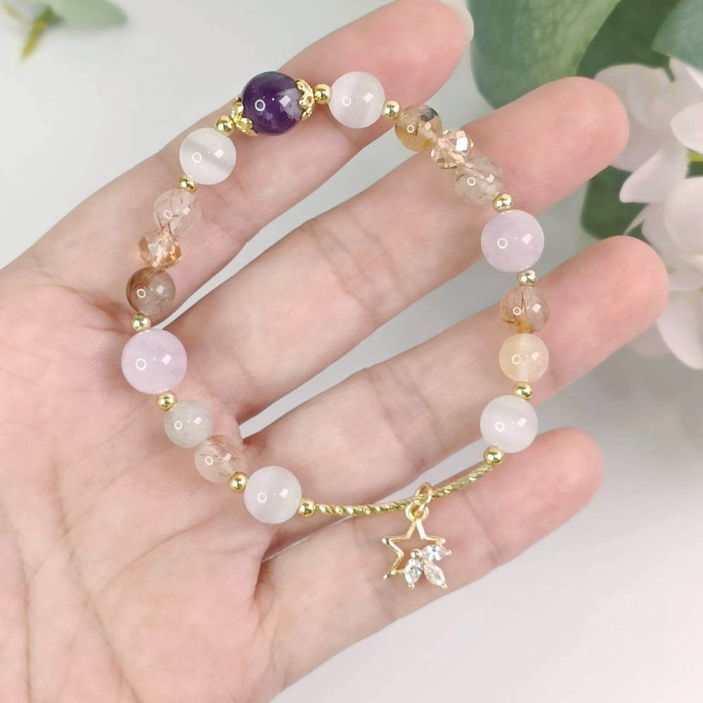 《星象流年・能量調頻手鍊》🌬️ 風語 尺寸:約14~14.5cm 雙子座、天秤座、水瓶座 海藍寶、彩髮晶、紫水晶-細節圖2